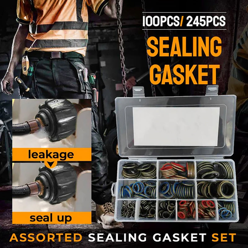 Rubber O-ring gasket assortment kit for plumbing repairs & leak prevention in automotive systems.
