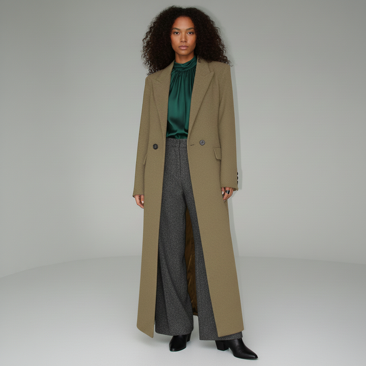 Sophisticated women's ruby long fitted tailored coat, essential elegant outerwear for any occasion.