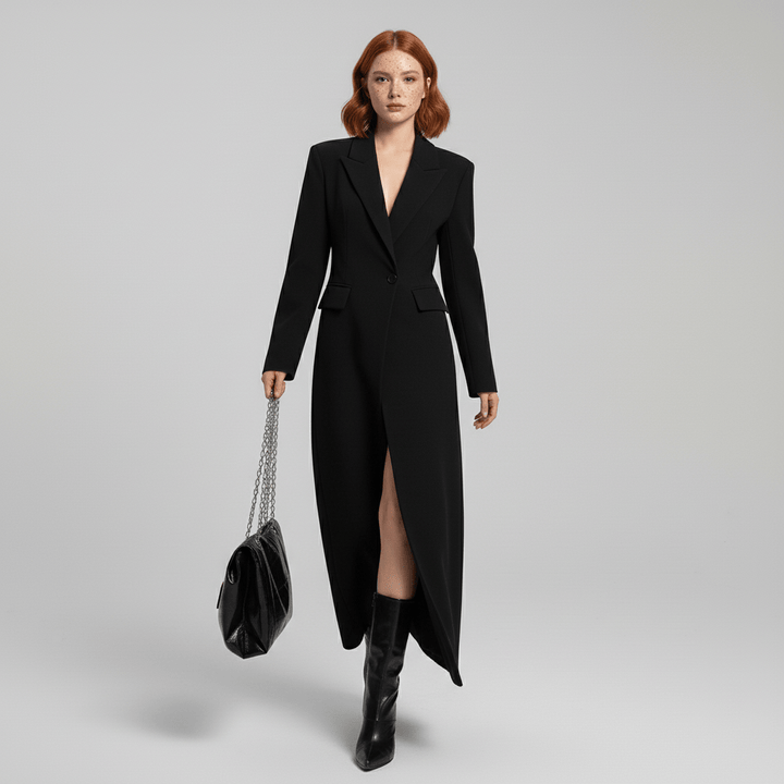 Elegant women's ruby tailored long coat, slim fit with a structured silhouette & single button.