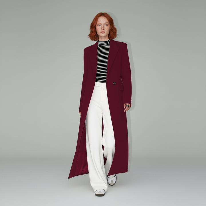 Stylish women's ruby long fitted tailored coat, perfect elegant outerwear for city wear.