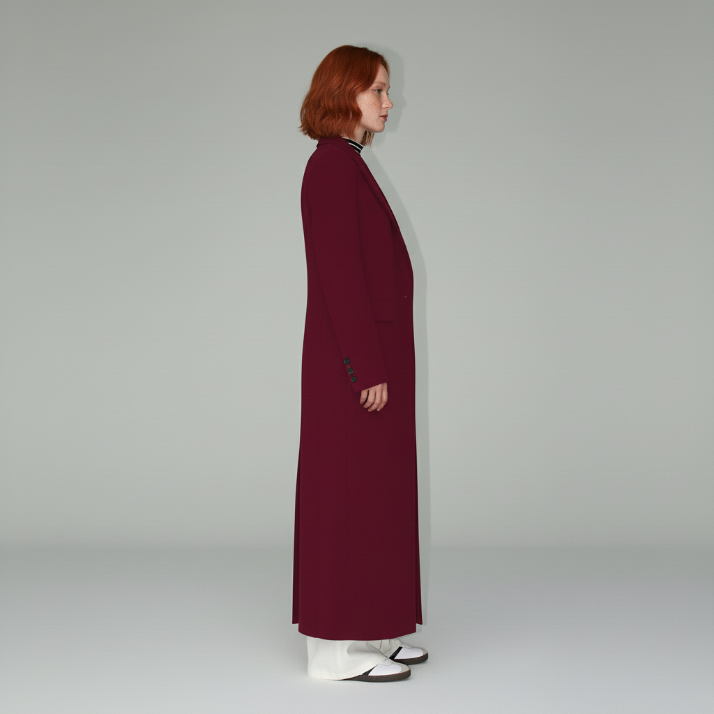 Ruby women's long fitted tailored coat, elegant outerwear with a sleek, sophisticated silhouette.
