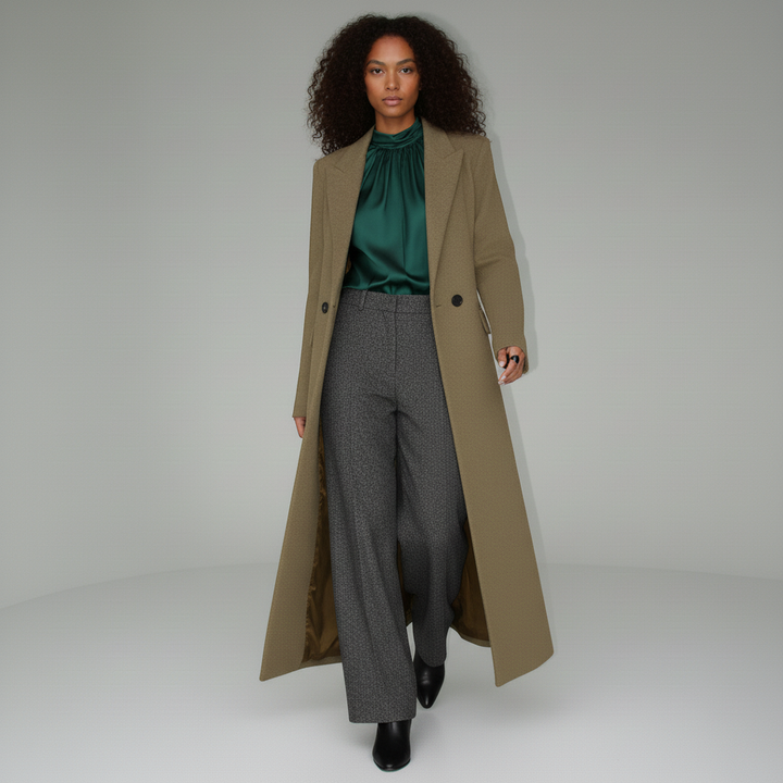 Women's elegant ruby long fitted tailored coat, versatile outerwear for sophisticated styling.