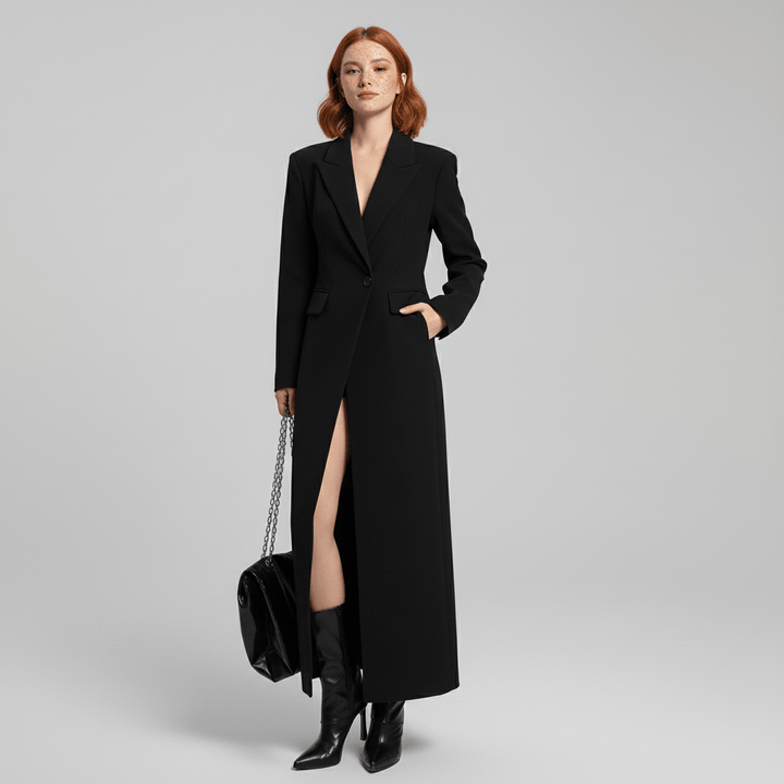 Vibrant ruby red long tailored coat for women, elegant and fitted, ideal for chic outerwear.