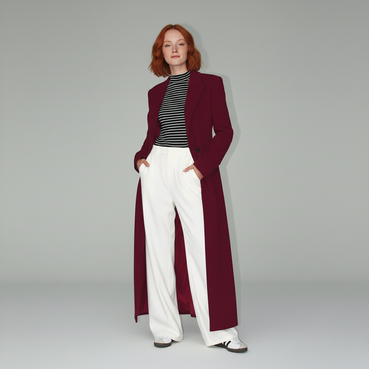 Women's ruby long tailored coat with elegant slim fit, featuring a stylish single button closure.