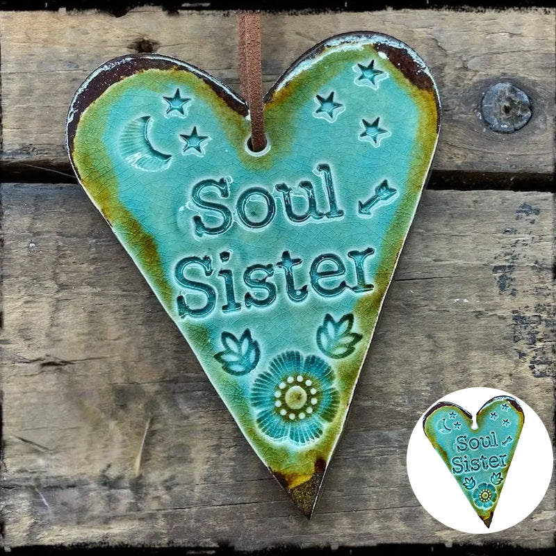Textured 'Soul Sister' ornament, adding rustic flair to home decor, friendship gift