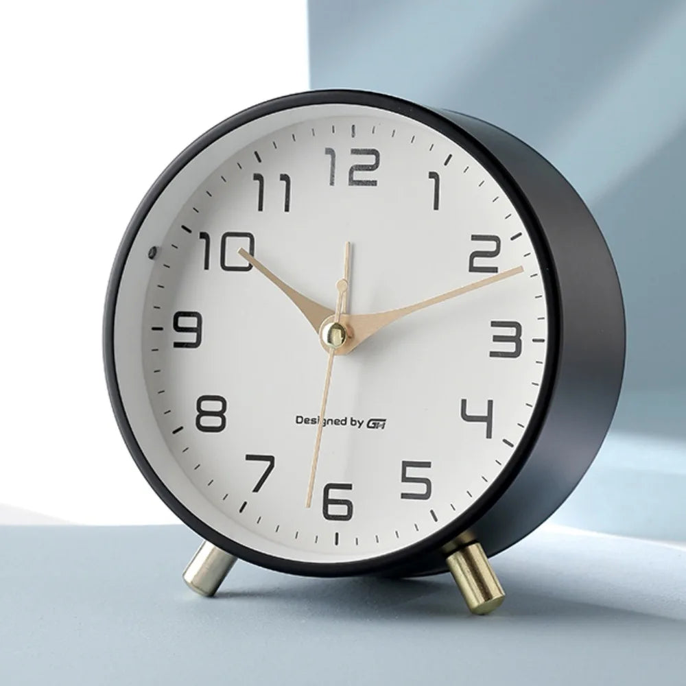 Scandinavian silent table clock, modern minimalist design for living room or office desk decor. Contemporary home accent.