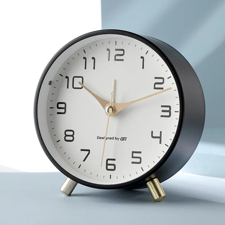 Scandinavian silent table clock, modern minimalist design for living room or office desk decor. Contemporary home accent.
