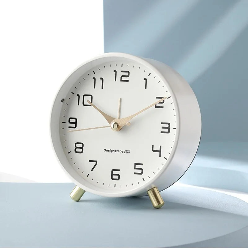 Modern Scandinavian silent desk clock, ideal for office or home decor. Minimalist entryway or living room table timepiece.