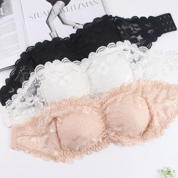 Seamless lace bandeau tube bra for women, strapless intimate wear, perfect for summer outfits.