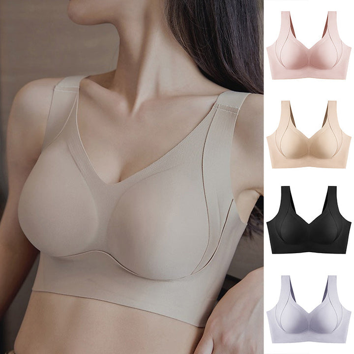 Seamless wire-free lifting bra for women, offering full coverage and side support, in a comfortable nude shade.