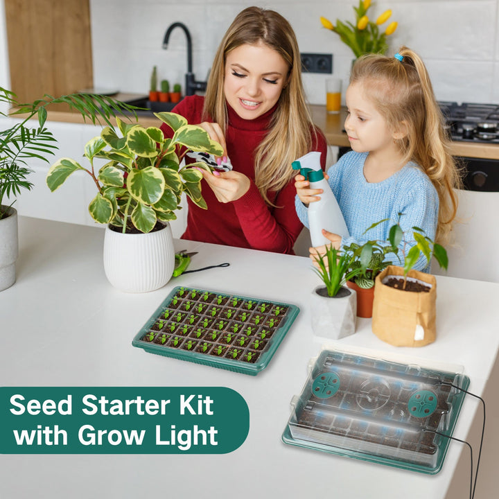 Components of the 80-cell seed starter kit: tray, dome, and LED grow lights for gardening