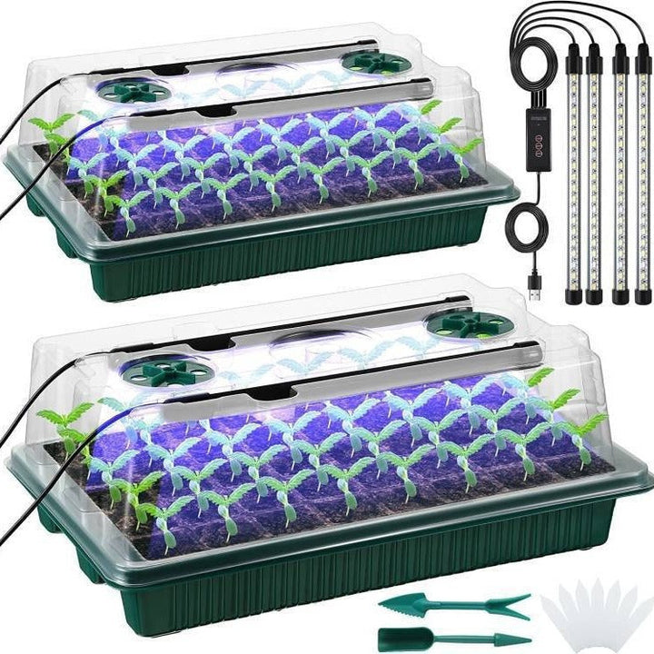 Grow kit showing young plant sprouts in an 80-cell tray with beneficial LED plant light