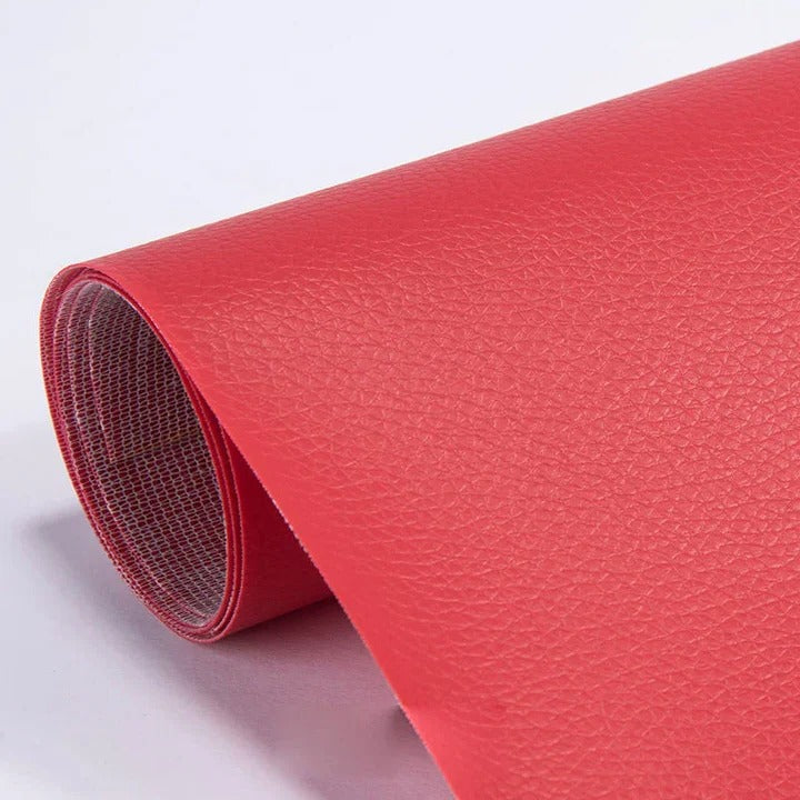 Durable self-adhesive leather patch for repairing rips on furniture & auto upholstery.