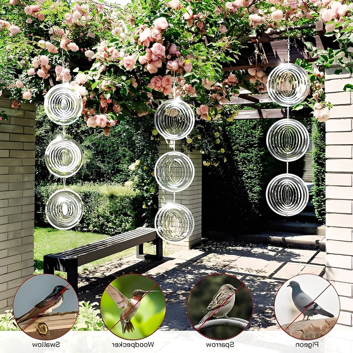 Outdoor reflective bird deterrents. Decorative spinners for patio, balcony & garden pest control. Easy to hang.