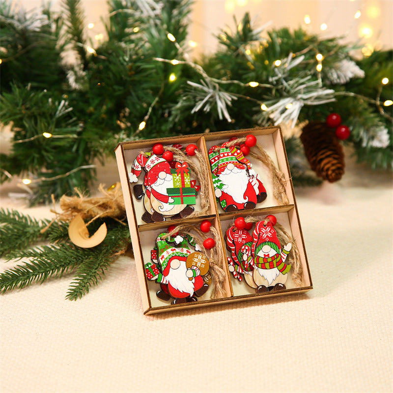 Assorted wooden gnome ornaments with distinct hats and beards, festive holiday decor set