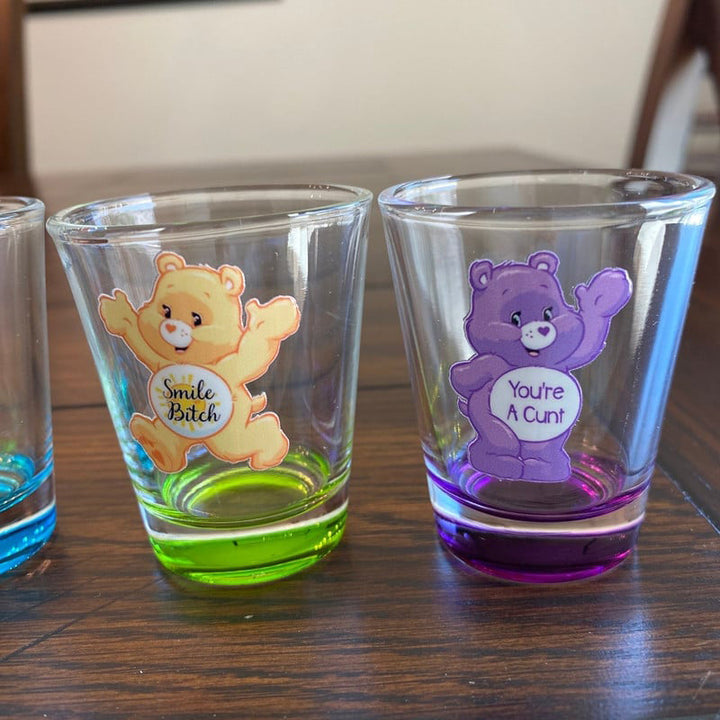 Clear shot glass with black bear graphic, part of a 6-piece funny bear set