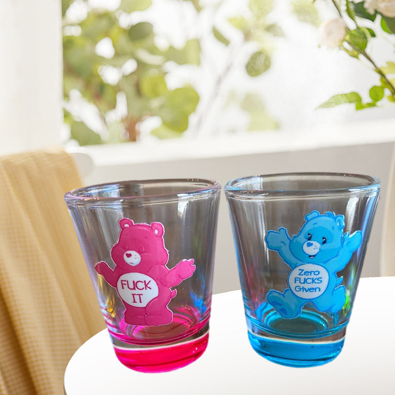 Six shot glasses with funny bear illustrations, great for kitchenware & gifts