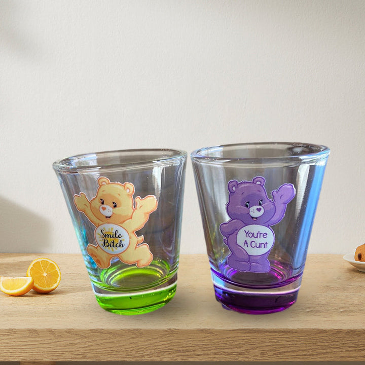 Glass shot glasses with distinctive bear art, sold as a set of six for gifting