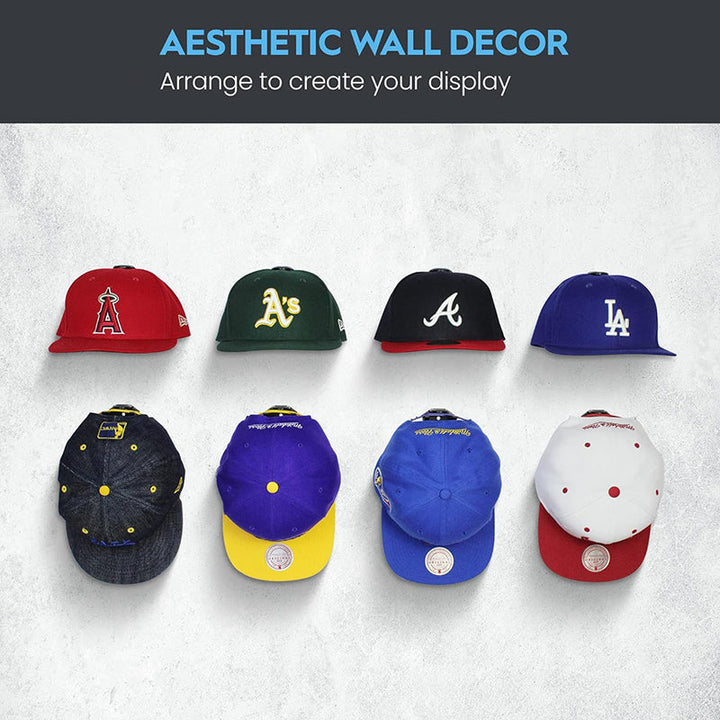 Baseball cap collection displayed on a wall using 8 discreet, adhesive hat organizer hooks.