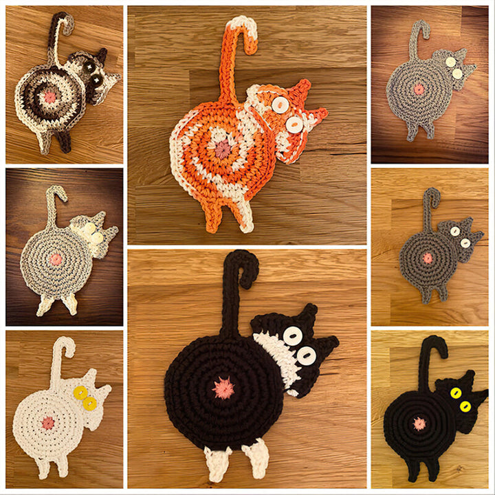 Set of creative cat butt drink coasters for animal lovers; funny cotton handmade drinkware.
