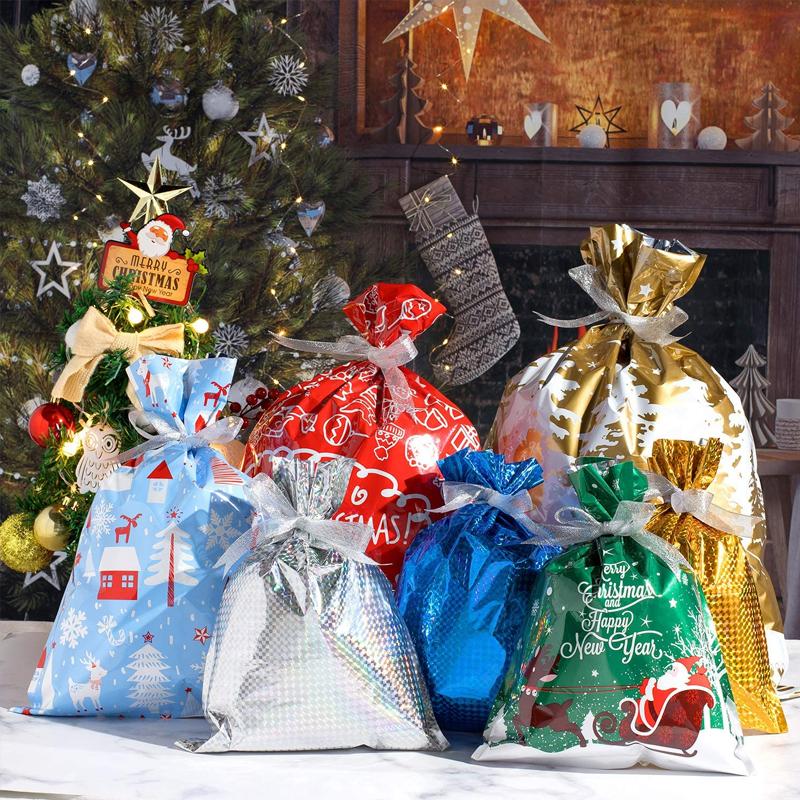 Set of red reusable Christmas gift bags with festive snowflakes and drawstring closure, perfect for holiday gifts