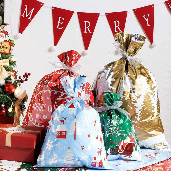 Assortment of colorful reusable Christmas drawstring gift bags featuring various holiday patterns like stars and trees
