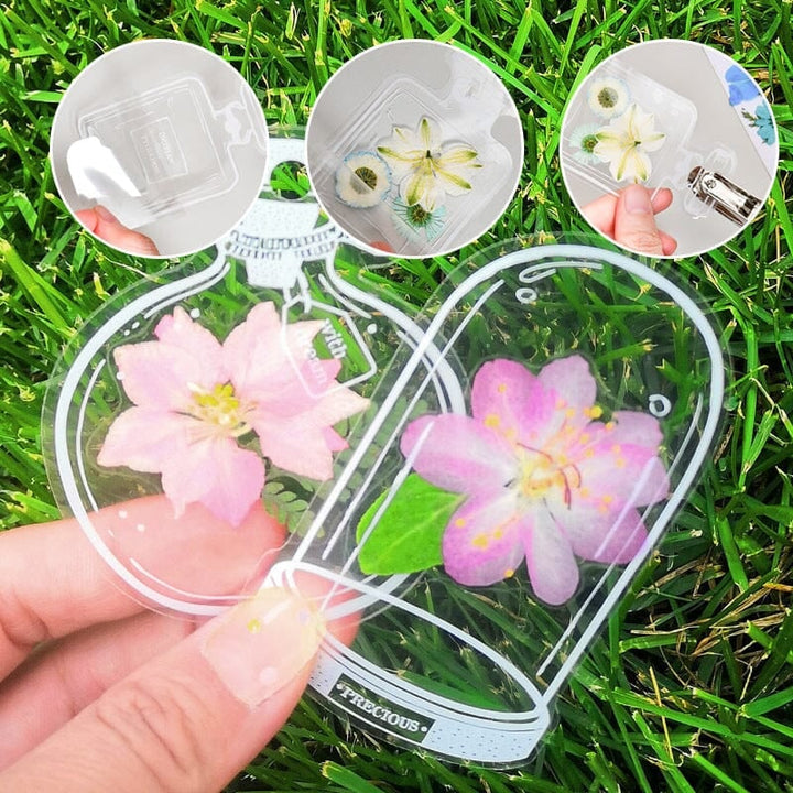 Gift-ready set of transparent floral bookmarks, each unique with embedded dried flowers for book enthusiasts.