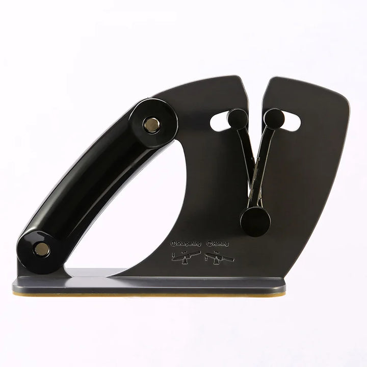 SharpMaster Pro triple-action sharpener, a sleek black kitchen gadget for perfectly sharp knives.