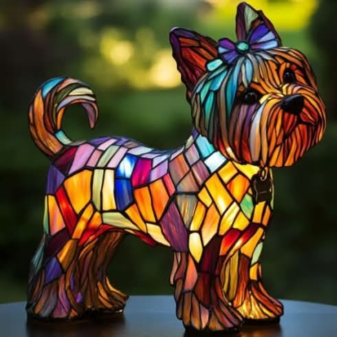 Shimmering dog statue LED lamp, ideal mood lighting for bedroom or living room.