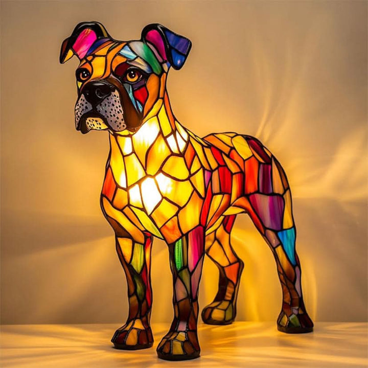 Modern LED dog statue lamp, shimmering decorative animal light for home or office.