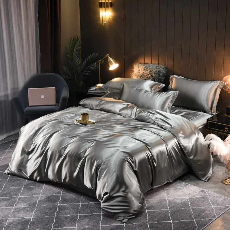 Opulent silky satin duvet cover set, promising luxurious comfort and an elegant bedroom ambiance.