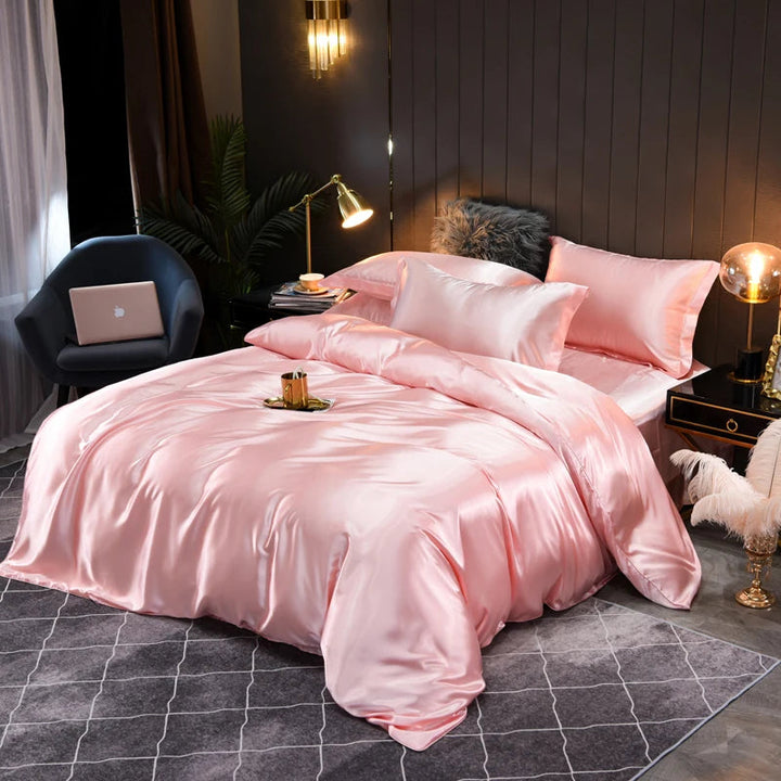 Full view of a luxurious silky satin duvet cover set, perfect for elegant home comfort.