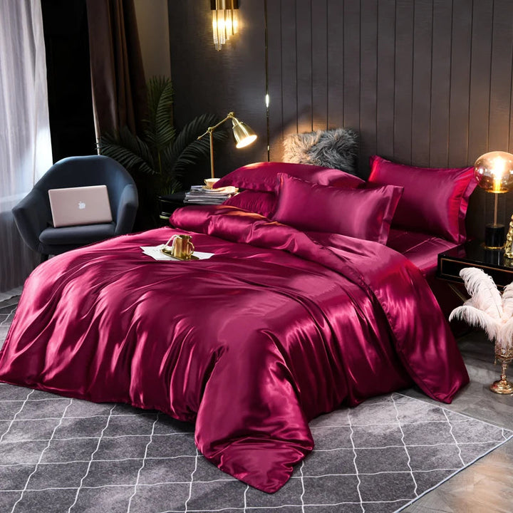 Elegant silky satin duvet cover, adding a touch of luxury to your bedroom decor.