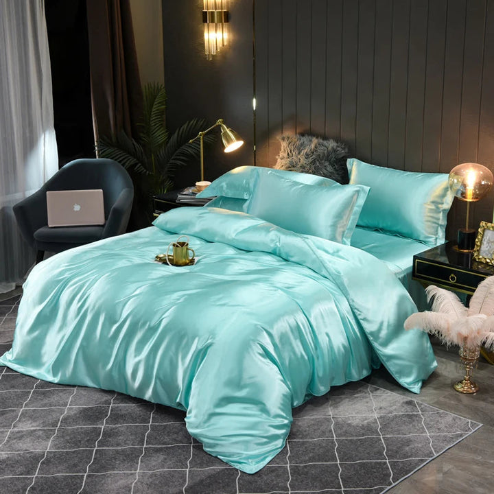 Close-up of the smooth, soft fabric of the silky satin bedding for ultimate comfort.