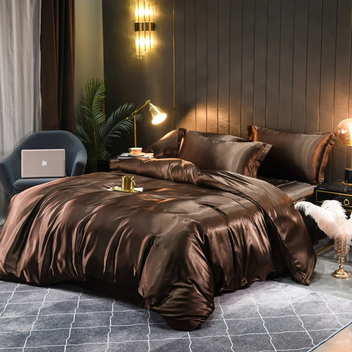 Modern silky satin bedding set, bringing home comfort and elegant design to any bedroom.