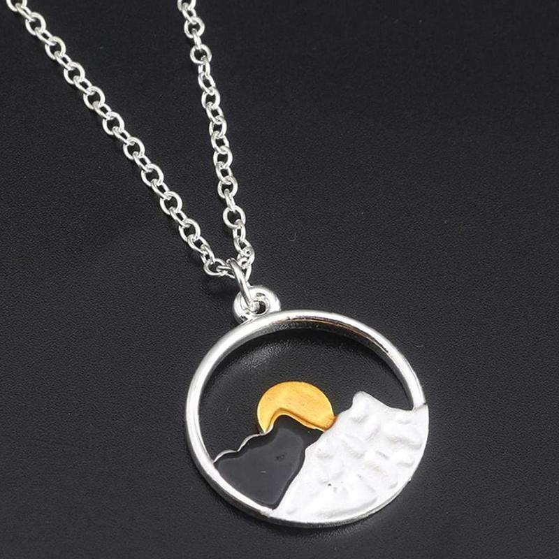 Artistic mountain landscape pendant, a unisex silver necklace for nature enthusiasts and couples.