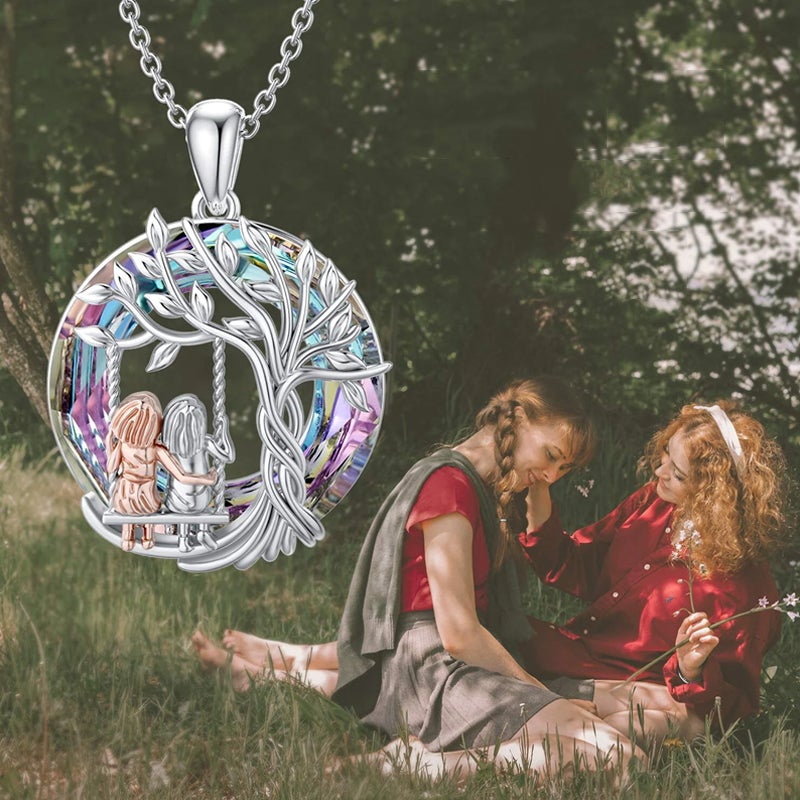 Stylish women's jewelry: Tree of Life sister crystal pendant necklace in silver