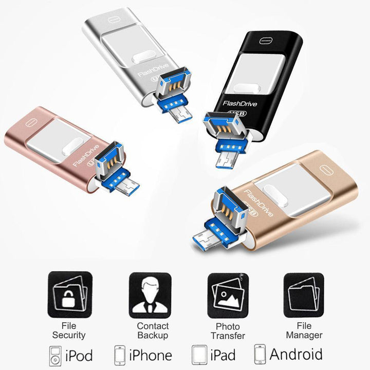 Silver USB flash drive for iOS & Android, external mobile storage for data backup