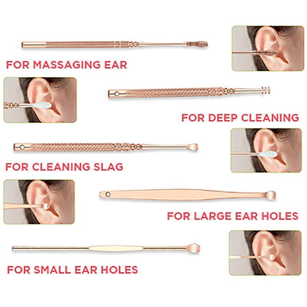 Ergonomic rose gold stainless steel ear cleaning tools, a complete personal care set.