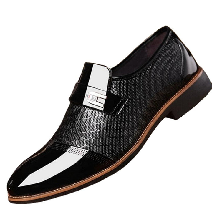 Elegant men's high-shine buckle dress shoes in black, premium formal footwear for a polished business look.