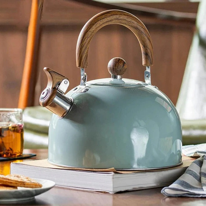 Modern stainless steel whistling tea kettle featuring an ergonomic insulated handle for safe & easy pouring. Induction ready.
