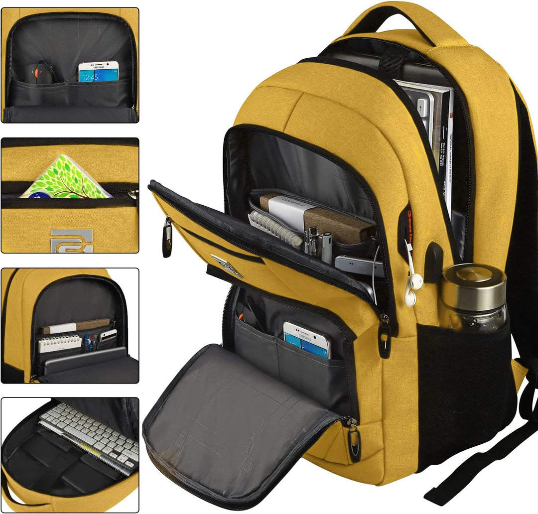 Front view of a slim anti-theft USB laptop backpack, ideal for modern travelers.