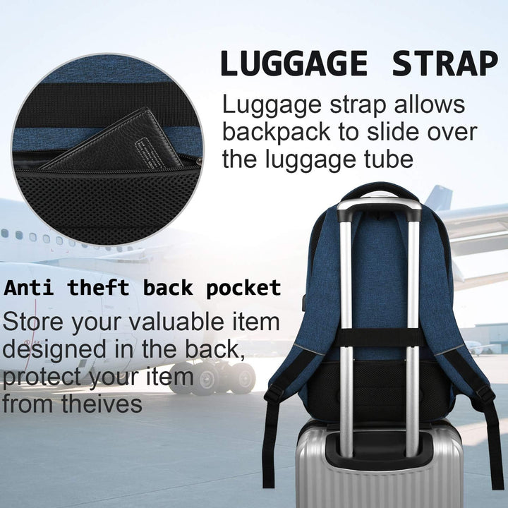 Commuter anti-theft backpack, slim design, secure storage, and external USB charging access.