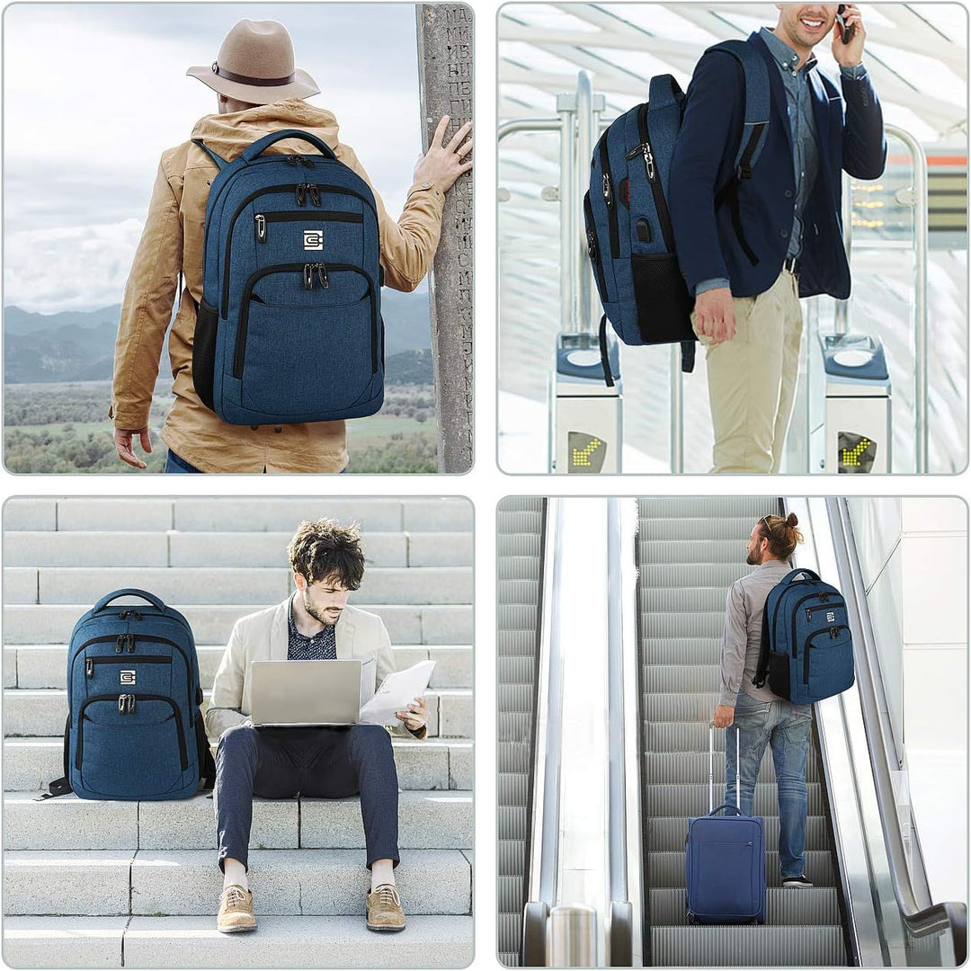 Travel-ready anti-theft backpack for laptops, featuring USB charging and water-resistant fabric.