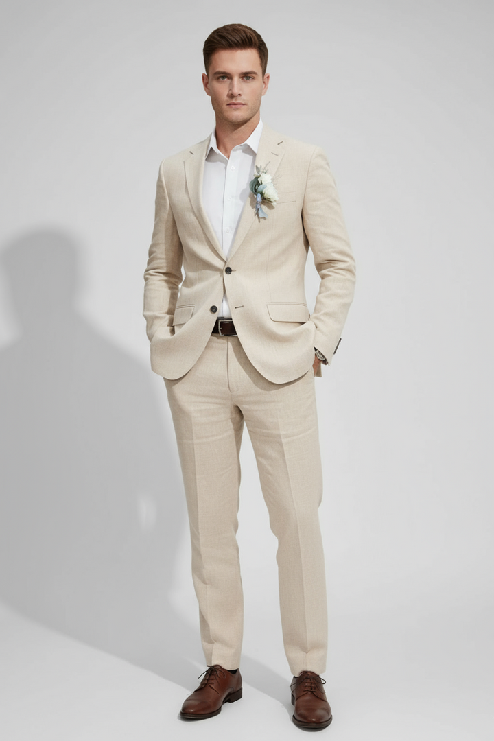 Slim fit men's suit set, perfect for weddings & formal events. Tailored two-piece design for a modern look.