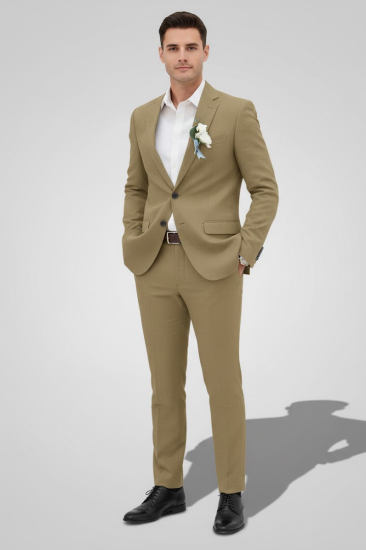 Stylish slim fit men's suit, highlighting the tailored craftsmanship for formal events, weddings & business.