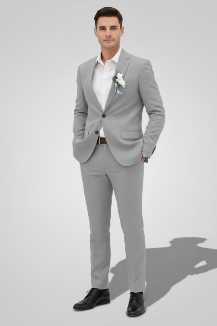 Complete slim fit men's suit set: jacket & trousers, designed for formal weddings, business, or smart casual events.