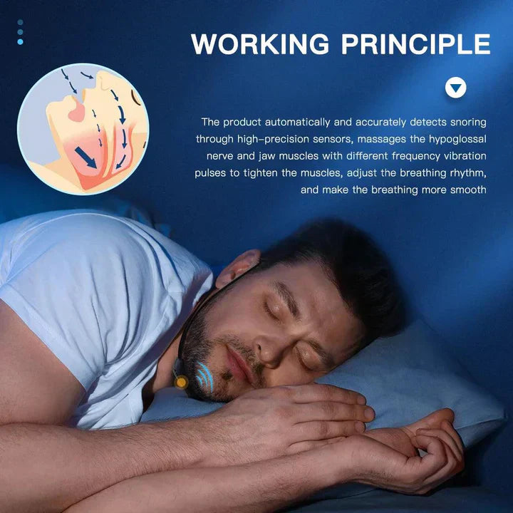 Rechargeable smart anti-snoring sleep aid for comfortable, quiet, and restful sleep every night.
