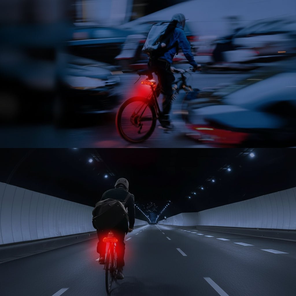 Cyclist installing a smart bike rear light with alarm for enhanced safety & security on outdoor rides.