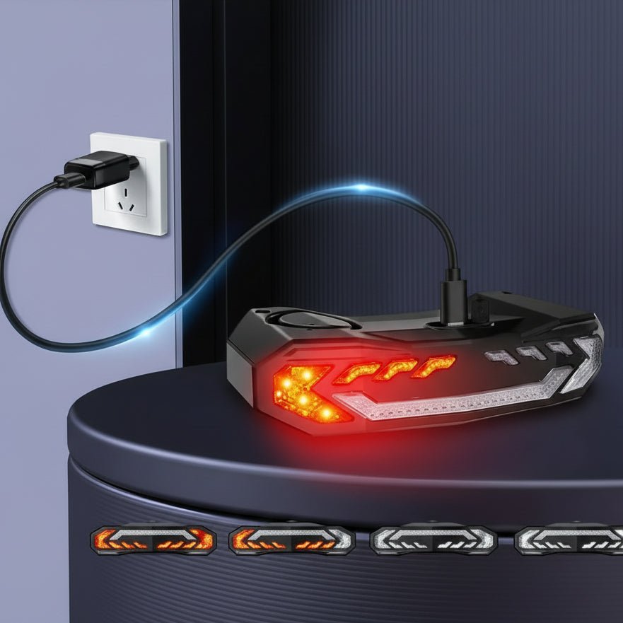 Durable, waterproof smart bicycle rear light with alarm. USB rechargeable for reliable outdoor cycling safety.